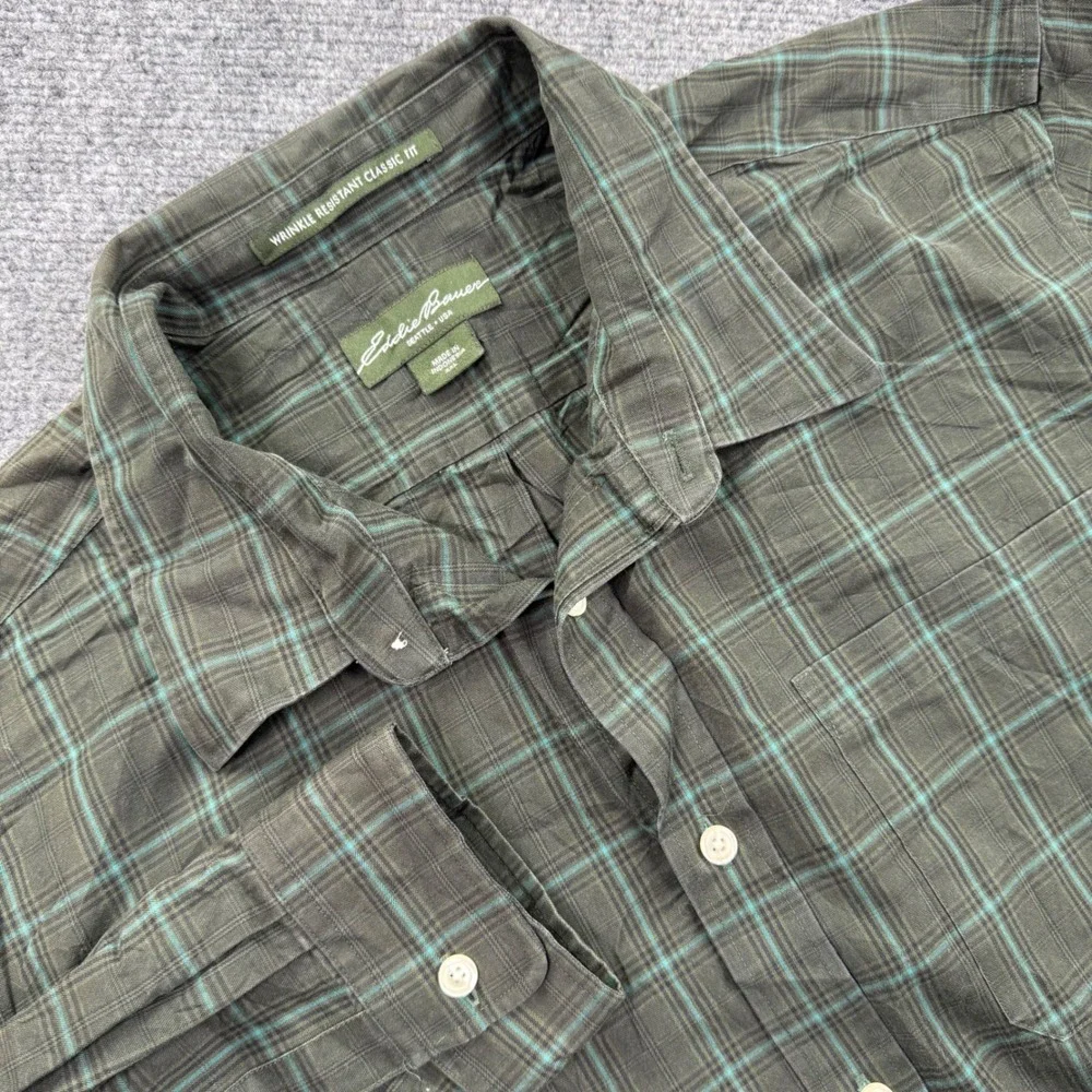 Eddie Bauer Button Up Size XXL Green‎ Plaid Wrinkle Resistant Classic Fit Men's